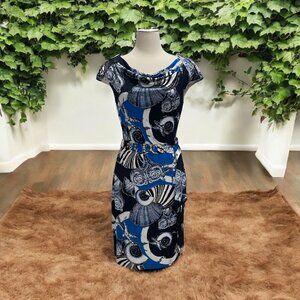 Cache Blue/Black Seashell Dress M Cap Sleeve Belted Elegant Stylish Summer Chic